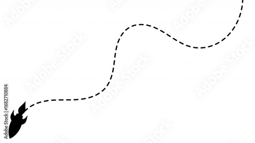 rocket flying on dash line from top right to bottom left. Dashed line route animation on white background 4k video	
