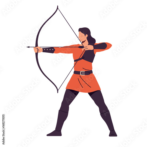 An archer in a focused stance is drawing a bow, rendered as a clean 2D flat vector illustration with solid colors in a graphic design style, isolated on white.