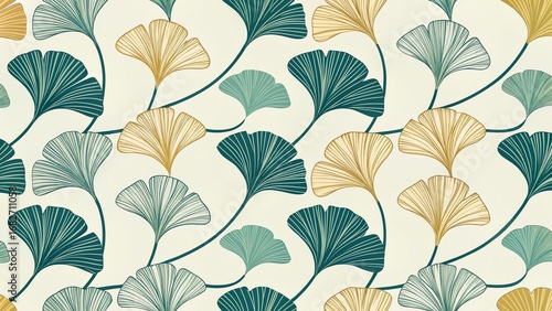 Seamless pattern of stylized ginkgo biloba leaves in teal blue and golden yellow on a cream background