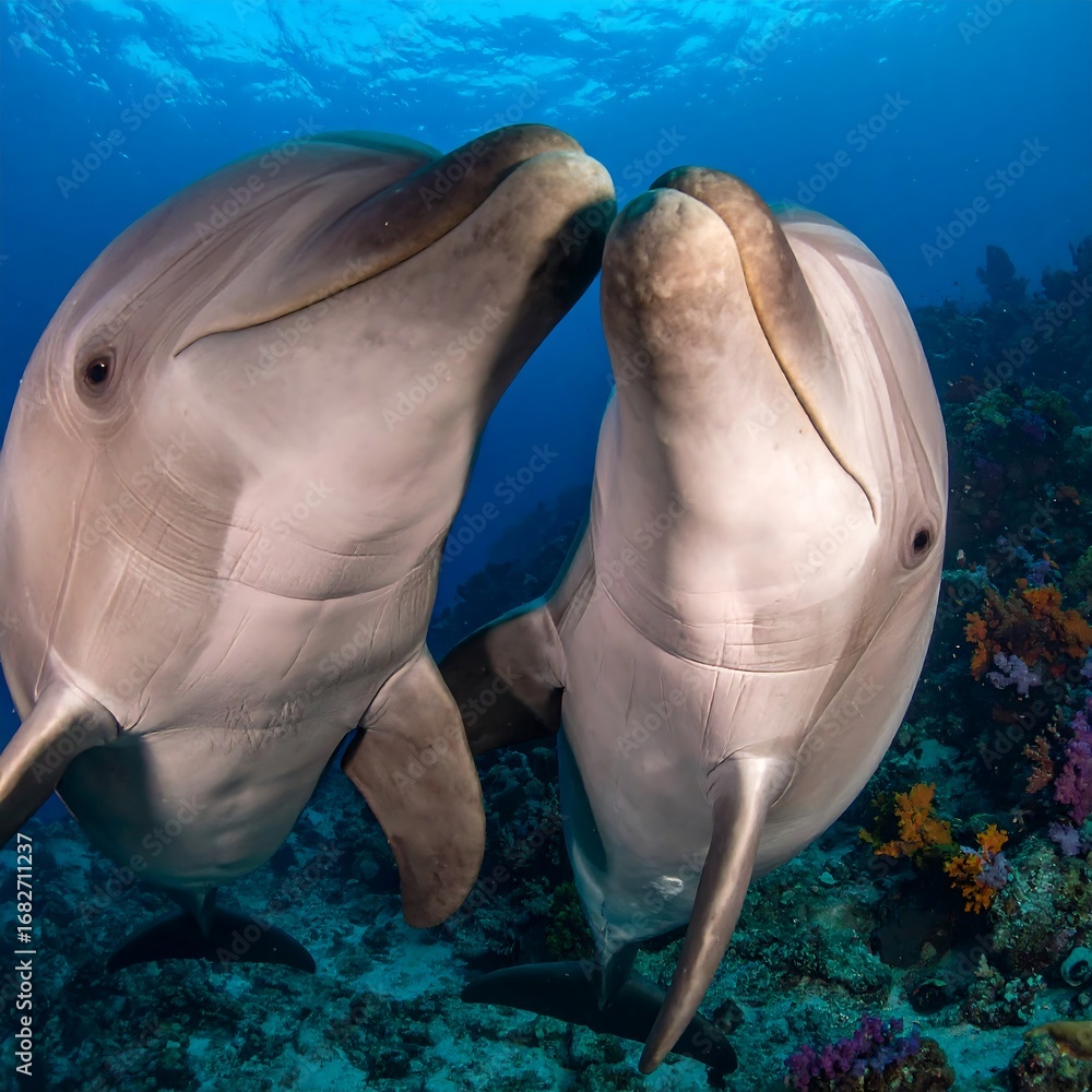 Fototapeta premium Two dolphins close together in underwater scene