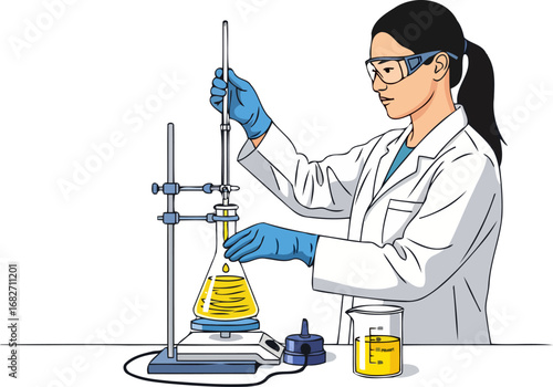 female scientist conducts precise experiment a focused lab researcher carefully titrating yellow liquid in a flask, isolated on transparent background