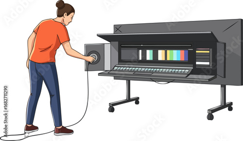 female technician configuring broadcast video mixer mastering audio visual production, isolated on transparent background