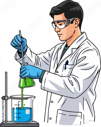focused chemist precise pouring, green liquid, lab experiment, science research, isolated on transparent background
