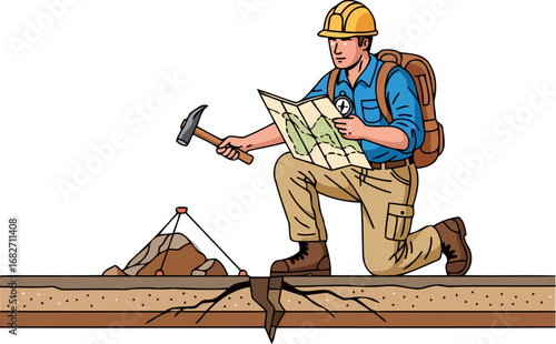 geological survey field geologist with hammer, map, and compass investigating a fault line, isolated on transparent background