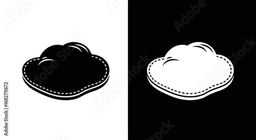 A soft powder puff or cotton pad, a black and white split icon for makeup application and skincare routines.