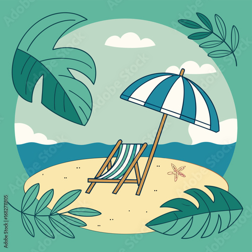 Vector art of a striped beach chair and umbrella sit on a sandy beach with the ocean and clouds in the background, surrounded by tropical leaves