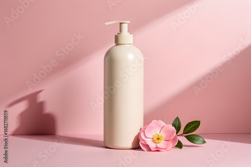 Front Facing Mockup of a Minimalist Beige Shampoo Bottle With a Pink Flower on a Light Background