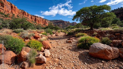 Explore a scenic trail in Sedona, Arizona, through the dry creek bed surrounded by red rock formations and desert foliage under a bright blue sky