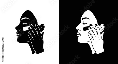 A person applying cream to their face, a black and white icon for a skincare routine, facial treatment, and self-care.
