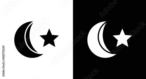 An outline style of a crescent moon and star, a modern and clean icon for a night cream, a sleep aid, or mystical branding.