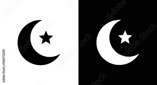 A crescent moon with a star, a black and white icon symbolizing night, dreams, and beauty sleep for a skincare routine.