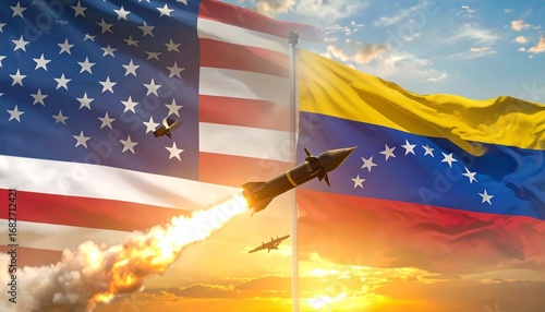 Geopolitical tension between USA and Venezuela with national flags, missile launch, dramatic sky, and fiery smoke trail.