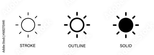 Sun icon for ui design, light and dark interface, brightness adjustment, phone, computer. Vector line and solid icon.