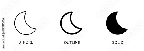 Moon icon for ui design, interface, light, dark, sleep. Vector stroke, outline and solid icons.