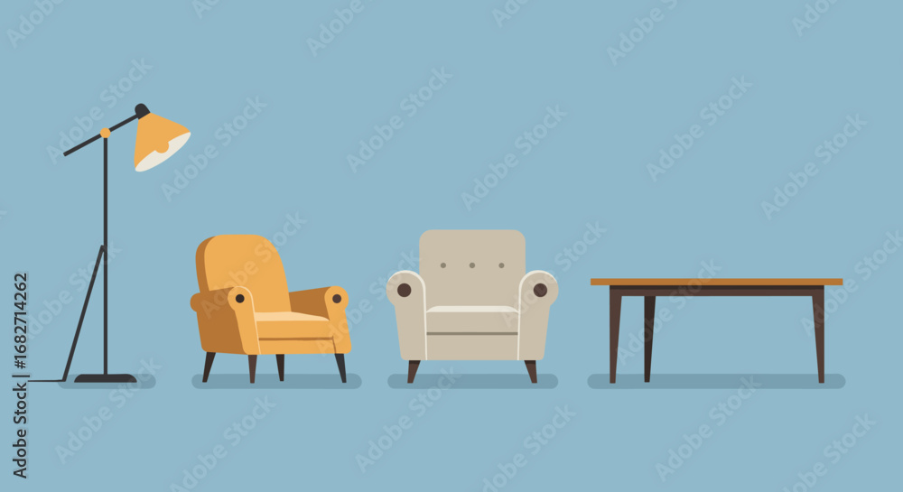 Fototapeta premium Minimalist Interior Furniture Set – Chair, Lamp, and Table Illustrations