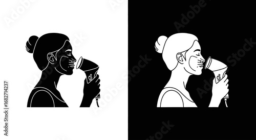 A person wearing a face mask and headphones, a black and white icon representing modern urban lifestyle, privacy, and health consciousness.