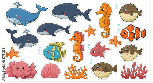 Cartoon Sea Life Stickers: Whales Seahorses Fish and Coral Reef Elements.