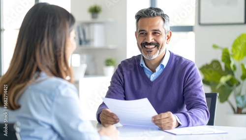 Interview setting with two people, a man and a woman, indoors, looking at documents and smiling, in an office environment