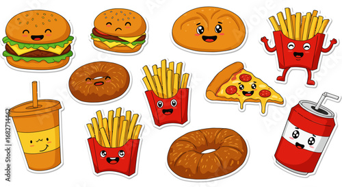 Cartoon Fast Food Set: Burgers Fries Pizza Donuts and Drinks with Cute Faces.