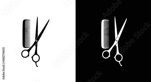 A pair of hairdressing scissors and a comb, a black and white icon representing a hair salon, a barbershop, and hairstyling.