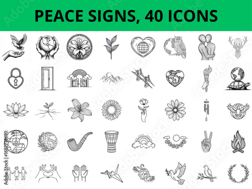 PEACE SIGNS, 40 ICONS, SVG.                                             A monochrome vector illustration.
