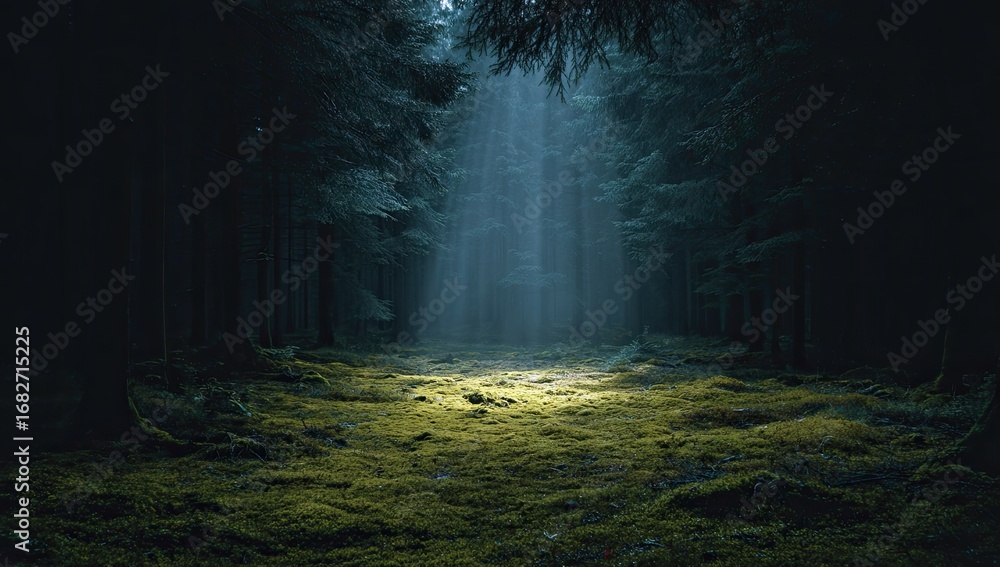 Fototapeta premium Dark forest path bathed in ethereal light