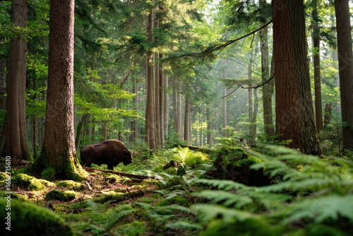 Ancient Białowieża Forest with European Bison Among Towering Trees