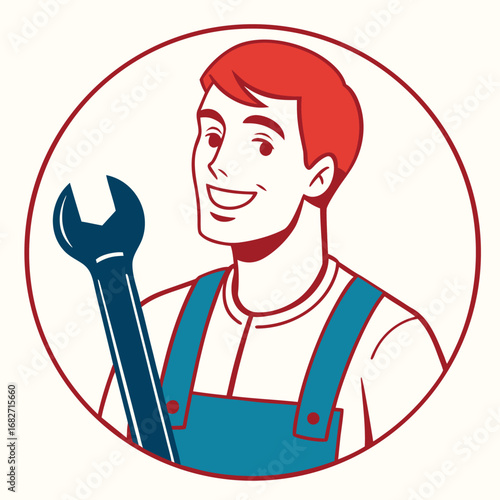 Vector art of friendly mechanic with a wrench, illustration of a smiling man in overalls holding a tool