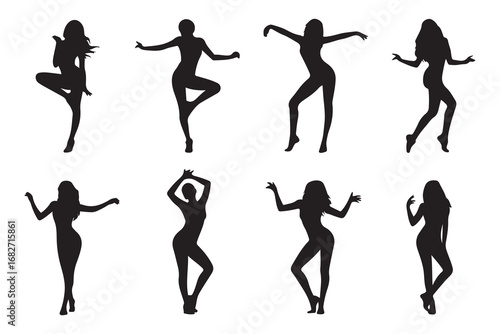 Set of Dancers Silhouette Bundle, Club Bundle, Dancing Women. Vector black silhouette. with white background