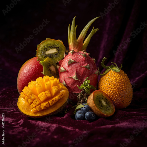 Artistic composition of exotic tropical fruits with vibrant colors