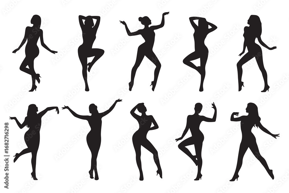 Obraz premium Set of Dancers Silhouette Bundle, Club Bundle, Dancing Women. Vector black silhouette. with white background