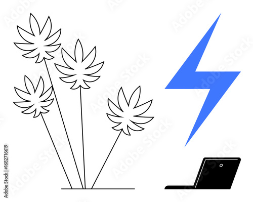 Cannabis plants adjacent to blue lightning bolt and laptop. Ideal for technology, sustainability, innovation, renewable energy, cannabis industry, modern farming, digital transformation. Simple flat