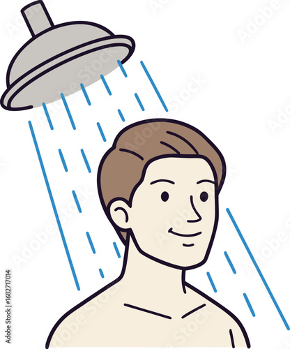 Vector art of man taking a shower, enjoying a refreshing bath with water falling from the shower head