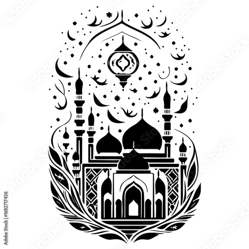 Intricate islamic illustration displaying mosque architecture under moonlit night with festive