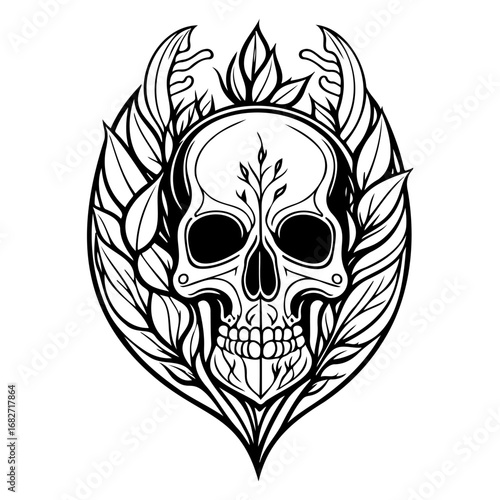 Intricate line drawing of a skull surrounded by leaves evokes mortality and ephemeral beauty
