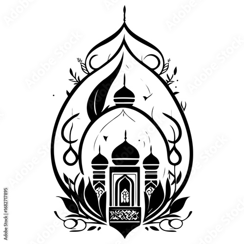Intricate linework drawing of a mosque nestled within ornate teardrop frame and stylized floral
