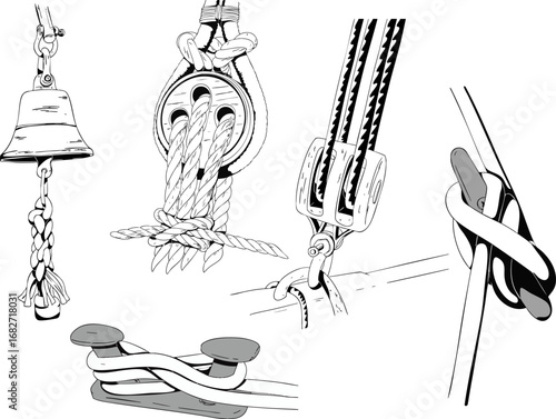 Set of illustrations of ship knots and blocks. Black and white illustration. Vector illustration.