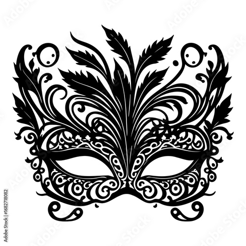 Intricate mask design with feathers, swirls, and geometric details showcases masquerade creativity