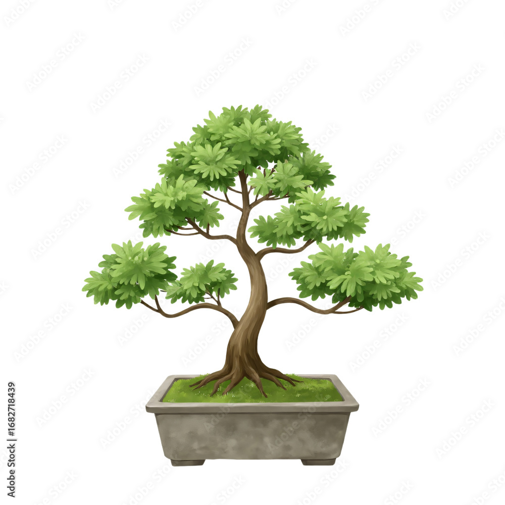 Fototapeta premium Flat minimal illustration of bonsai tree in rectangular pot isolated on white background without shadow
