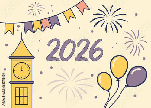 New year 2026 celebration with fireworks and balloons