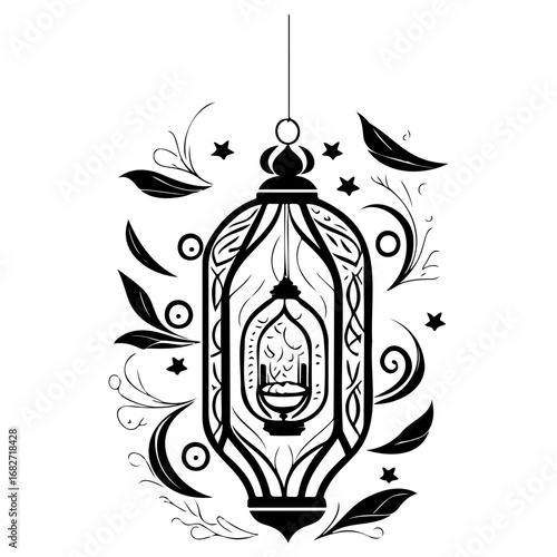 Intricate monochrome arabesque lantern illustration surrounded by floral embellishments for