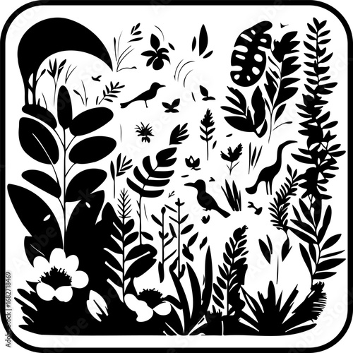 Intricate monochrome botanical illustration featuring birds nestled within lush foliage creates