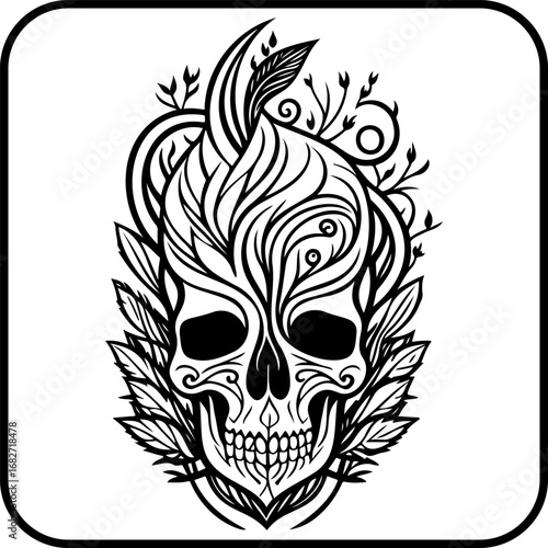 Intricate monochrome depiction of a skull embellished with ethereal foliage and botanical