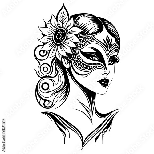 Intricate monochrome illustration of a woman adorned with a floral headpiece and decorative mask