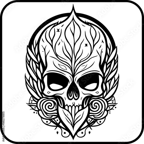 Intricate monochrome skull illustration adorned with botanical elements creating a unique fusion