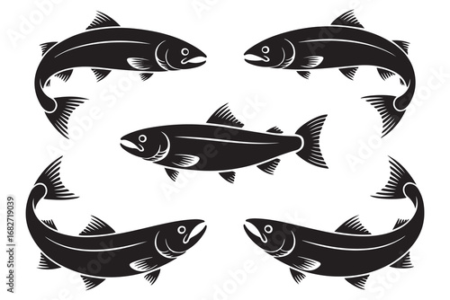 Set of Salmon Fish Silhouette Bundle, Sea life, Fishes Bundle, Animal Icons. Vector black silhouette. with white background