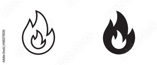 Collection of simple flame vector icons. Includes a thin line outline style and a solid black silhouette symbol for fire and heat concepts