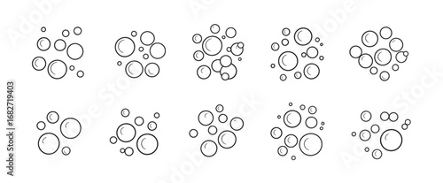 Vector collection of various air and soap bubble clusters. A minimalist set of outline circle icons representing foam, fizz, and effervescence