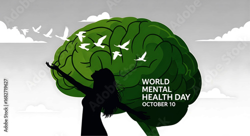 Silhouette Woman with Arms Raised Beside Green Brain Graphic, Birds Flying