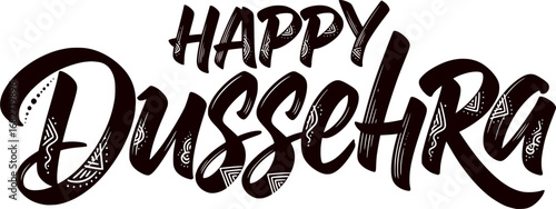 Happy Dussehra Calligraphy Text in Black Ink Brush Stroke. Festival Typography Design.